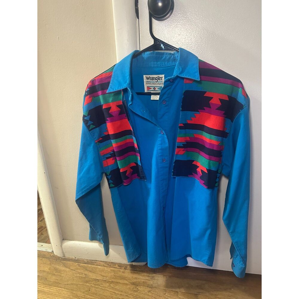 Vintage 90s Wrangler Aztec Western Shirt Blue Tribal Yoke Retro Cowboy Medium